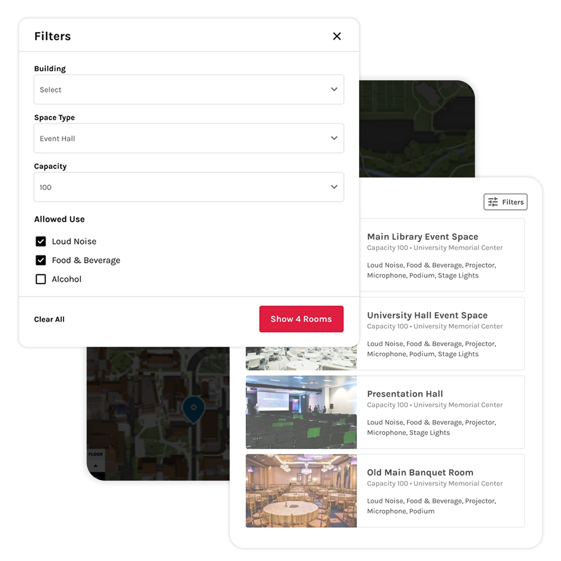 A screenshot of room reservation filters with available rooms beneath that.