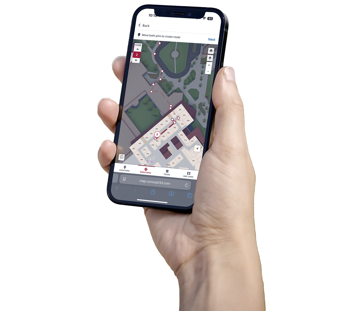 Hand holding a phone with wayfinding