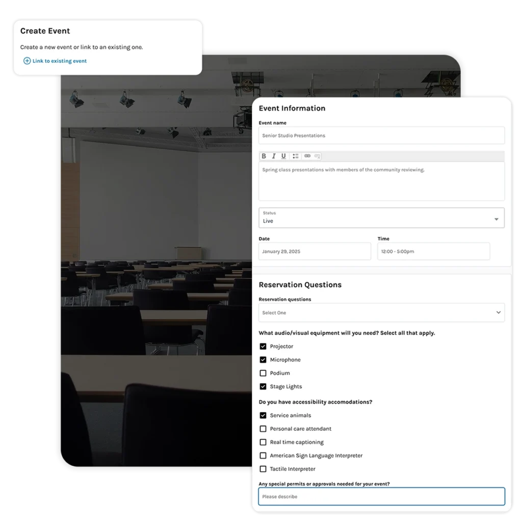 A questionnaire on what the user needs to reserve the room. The questionnaire shows requests for various tech.