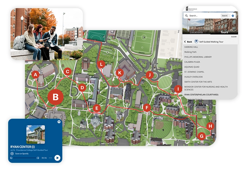 Interactive maps showing a self guided tour with a spotify link, an image, and a list of stops.