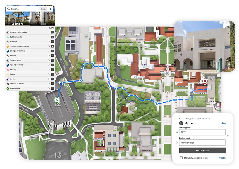 Interactive Map with floating elements of parking, directions, and a picture of a building